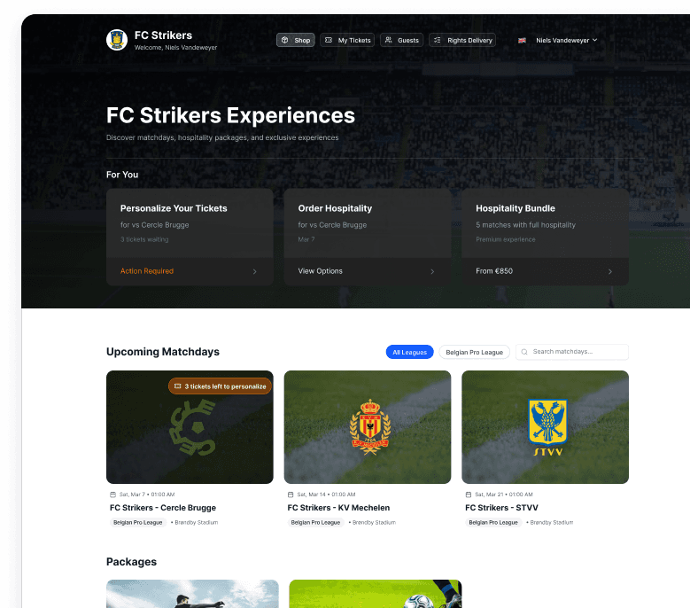 Partner portal showing rights, bookings, and reports in a branded space